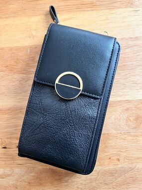 Black Faux Leather Crossbody Phone Wallet with Gold Colored Accents